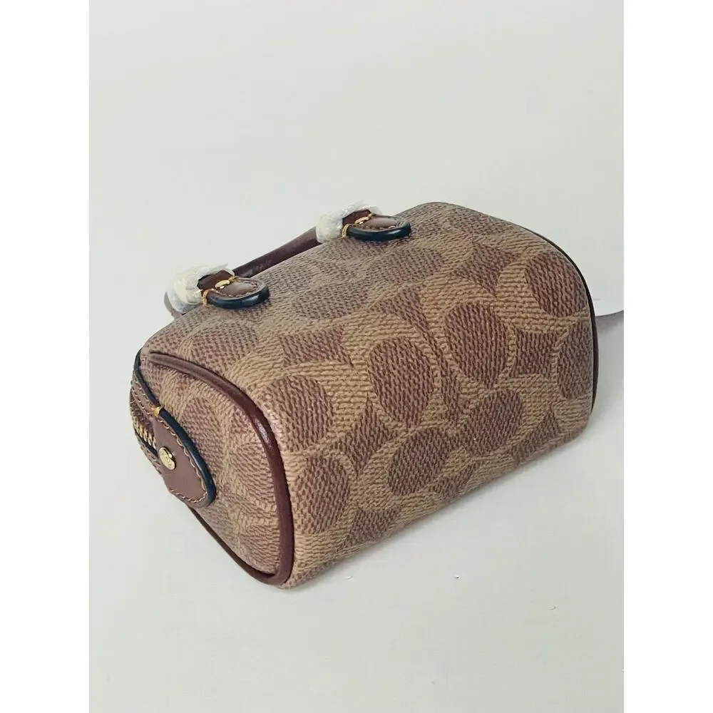 Coach Mini Rowan Bag Charm Brown Signature Canvas Leather Gold CX068